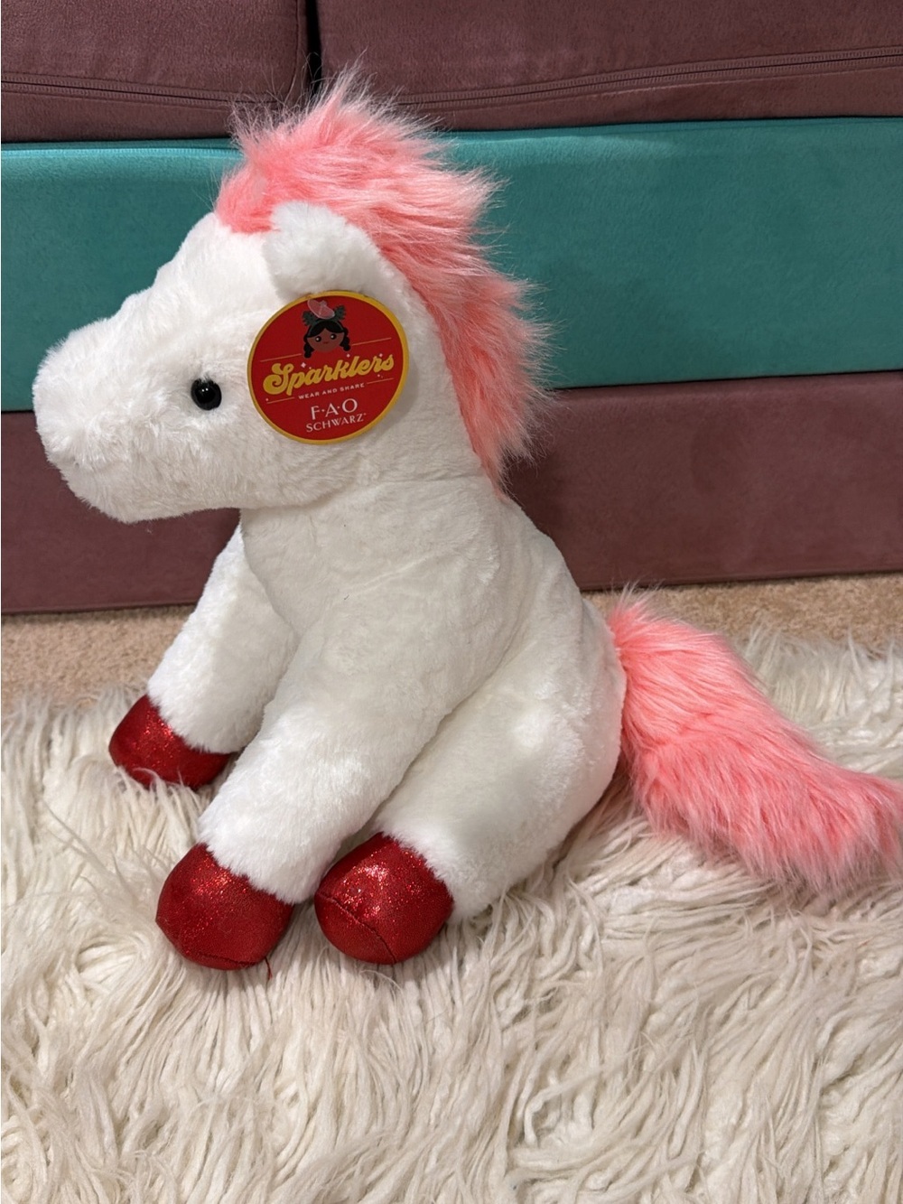 NWT Sparkler's FAO Schwarz White Plush 12" Unicorn with Pink Mane & Tail